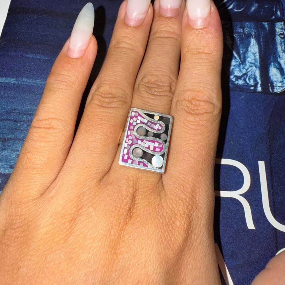 Abalone Mother of Pearl Mosaic Ring 925 Silver Size 7